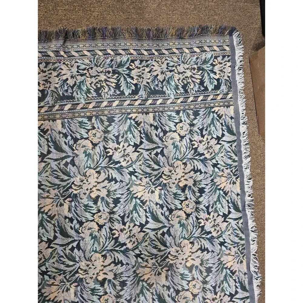 Goodwin Weavers‎ Throw Blanket ~ 50x63 Blue Floral Cotton Fringe Reversible USA